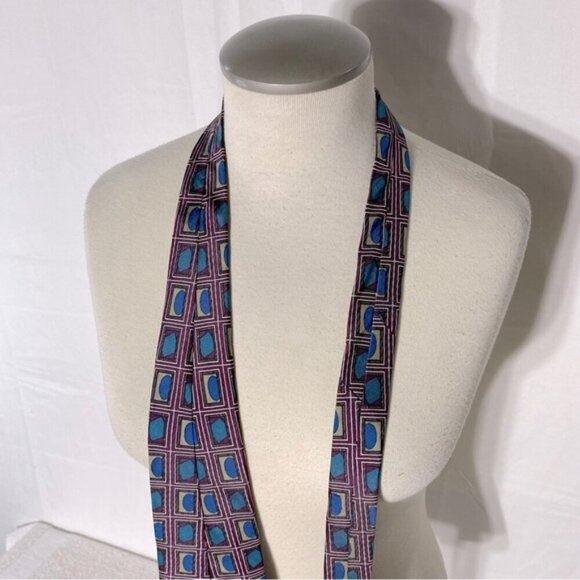Vintage Burgundy Blue Square Print Tie - Picture 3 of 8